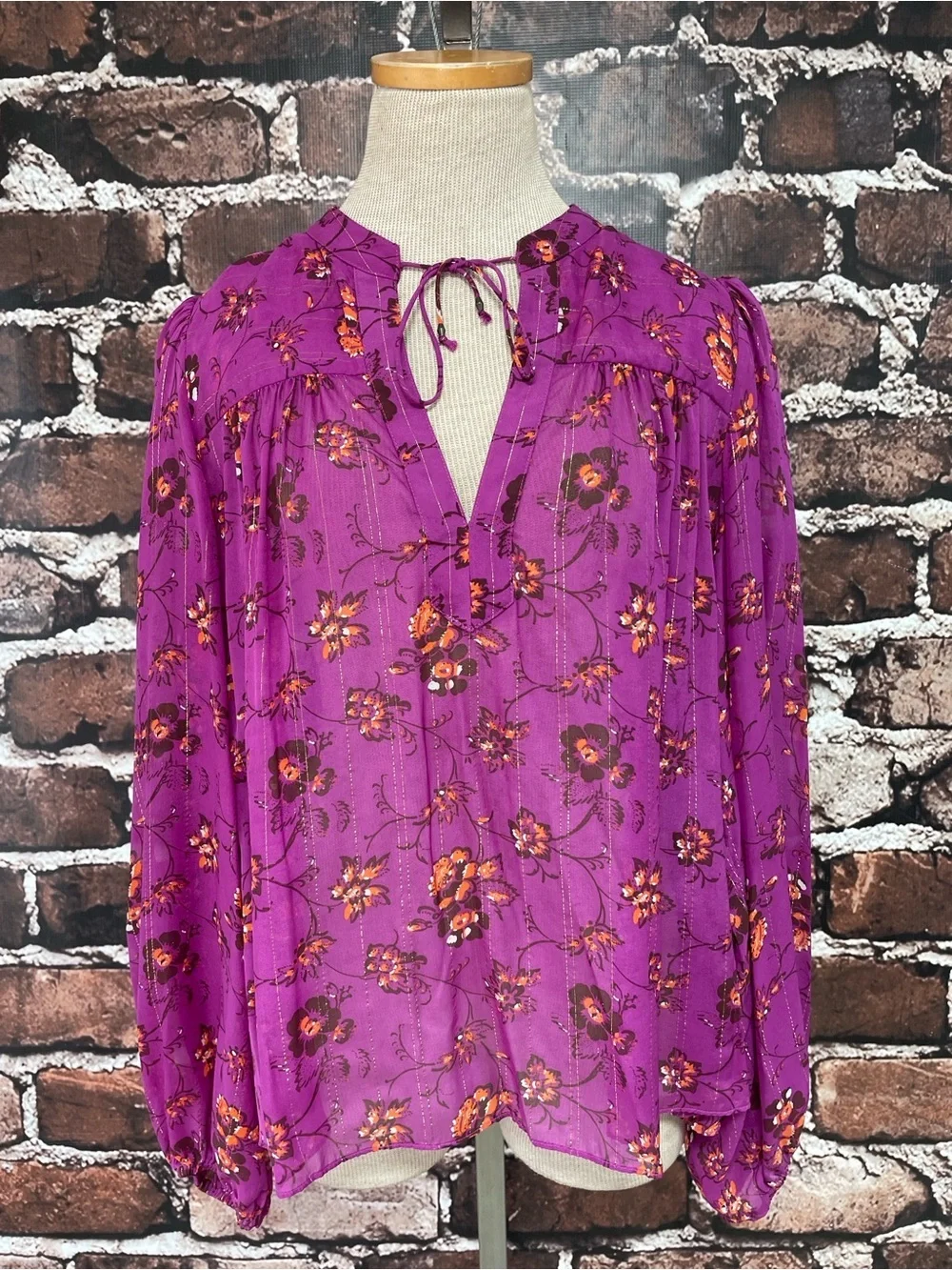 ULLA JOHNSON Top Women's Purple Fuschia Floral Tie-Neck Peasant Blouse 12